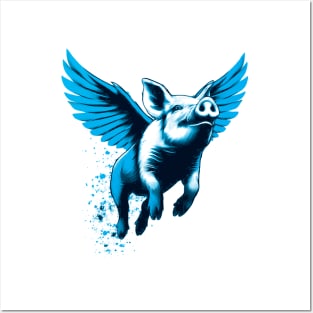 Blue flying pig Posters and Art